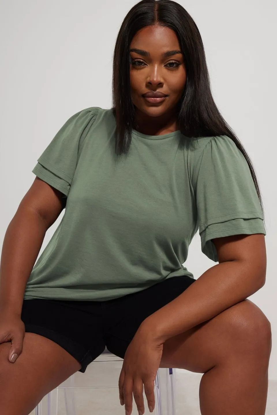 T-Shirts>YOURS Curve Grey Double Frill Angel Sleeve Top