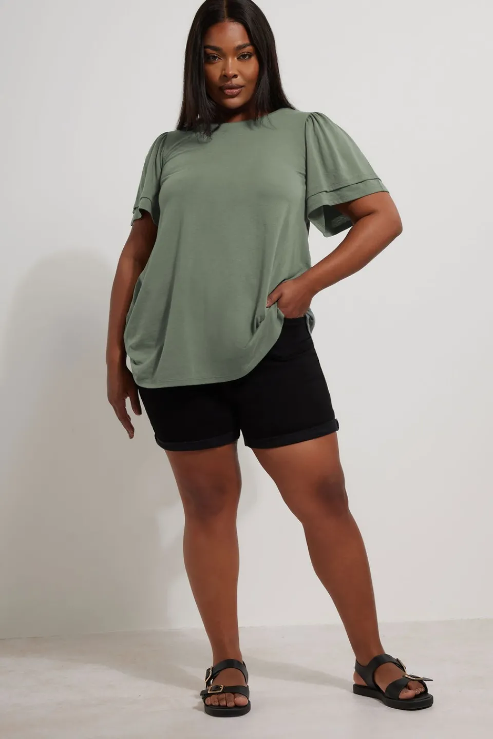 T-Shirts>YOURS Curve Grey Double Frill Angel Sleeve Top