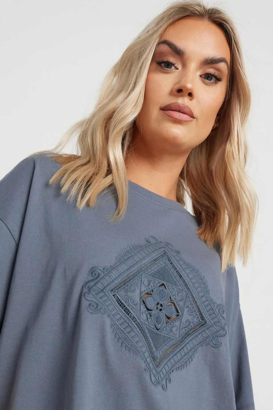 T-Shirts>YOURS Curve Grey Embroidered Boho Diamond Oversized T-Shirt