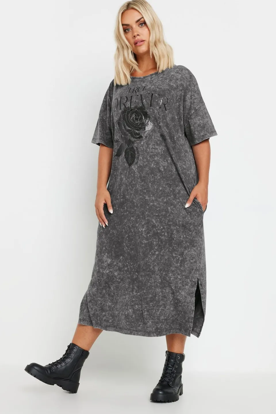T-Shirts>YOURS Curve Grey Rose Graphic Print T Shirt Dress