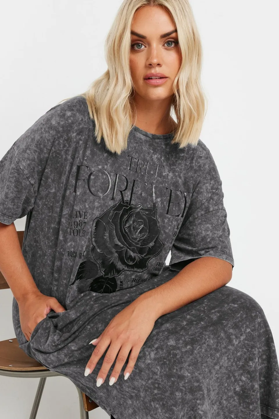 T-Shirts>YOURS Curve Grey Rose Graphic Print T Shirt Dress
