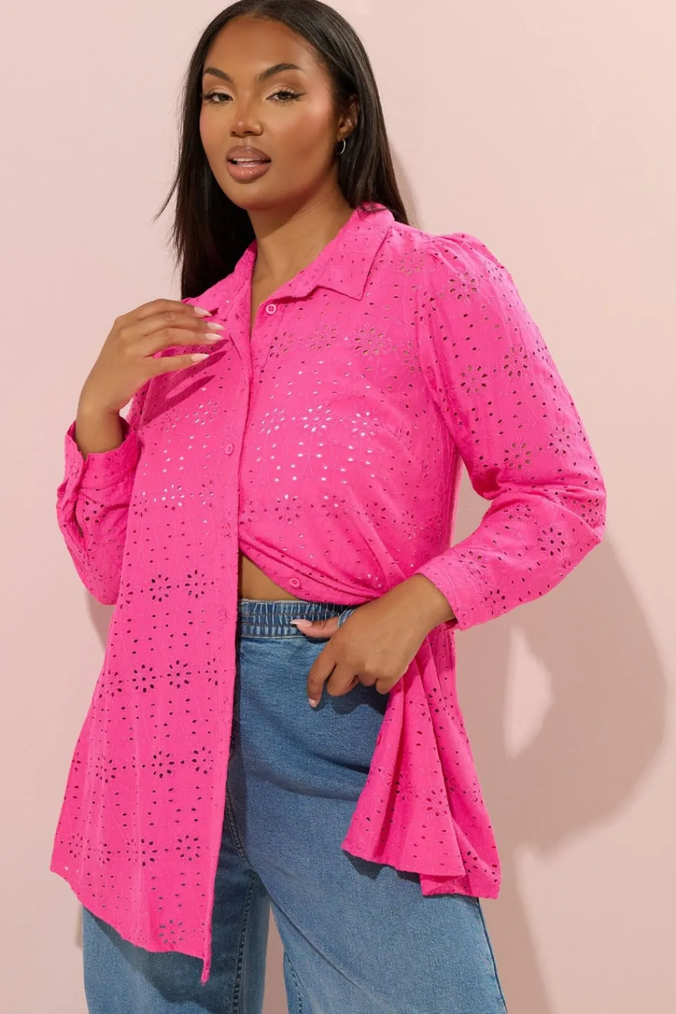 Tops>YOURS Curve Hot Pink Broderie Anglaise Long Sleeve Shirt