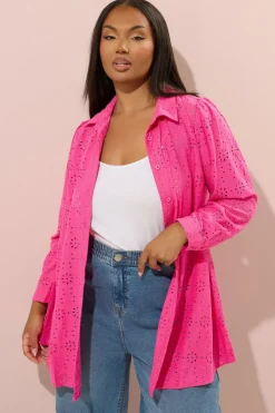 Tops>YOURS Curve Hot Pink Broderie Anglaise Long Sleeve Shirt