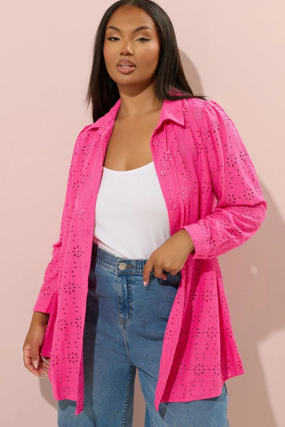 Tops>YOURS Curve Hot Pink Broderie Anglaise Long Sleeve Shirt