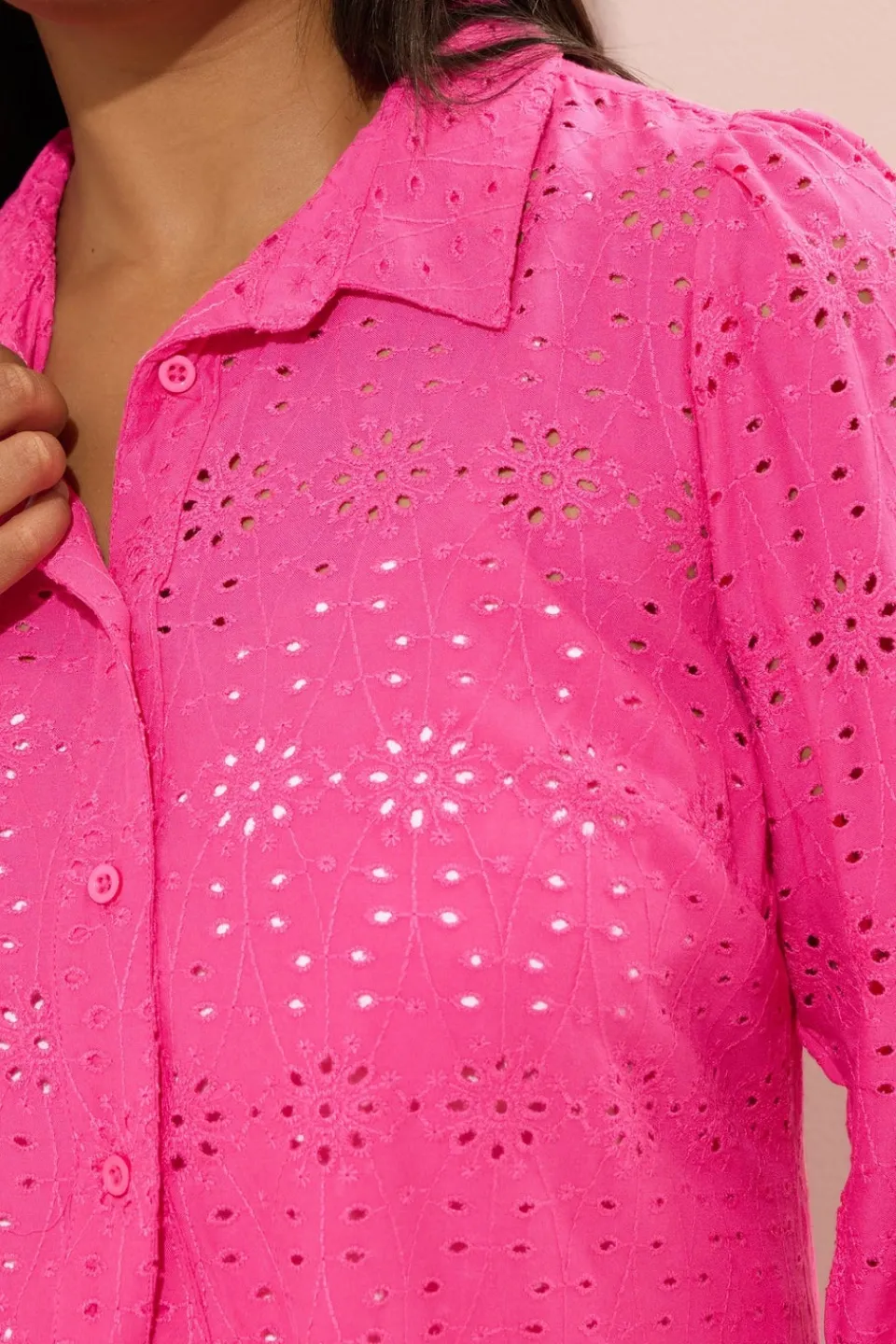 Tops>YOURS Curve Hot Pink Broderie Anglaise Long Sleeve Shirt