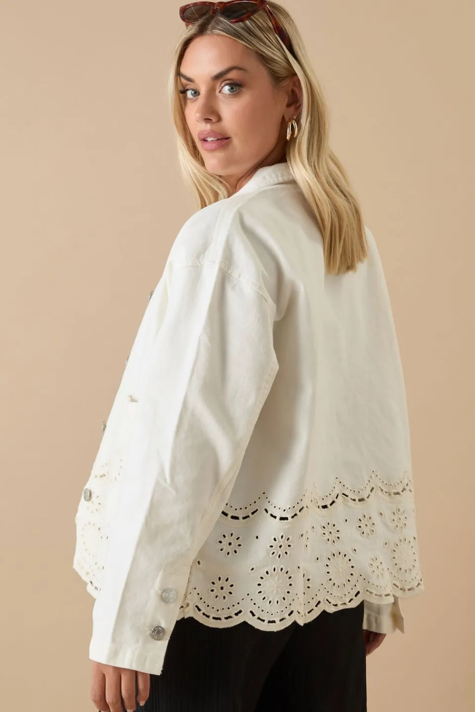 Coats & Jackets>YOURS Curve Ivory White Broderie Anglaise Twill Shacket