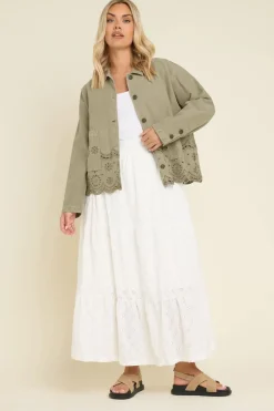 Coats & Jackets>YOURS Curve Khaki Green Broderie Anglaise Twill Shacket