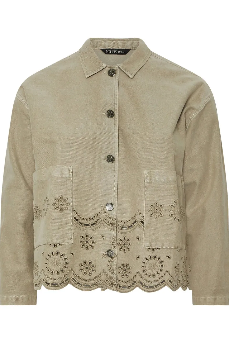 Coats & Jackets>YOURS Curve Khaki Green Broderie Anglaise Twill Shacket