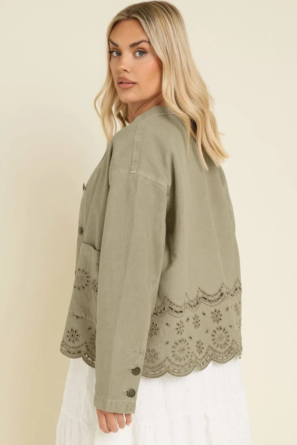 Coats & Jackets>YOURS Curve Khaki Green Broderie Anglaise Twill Shacket
