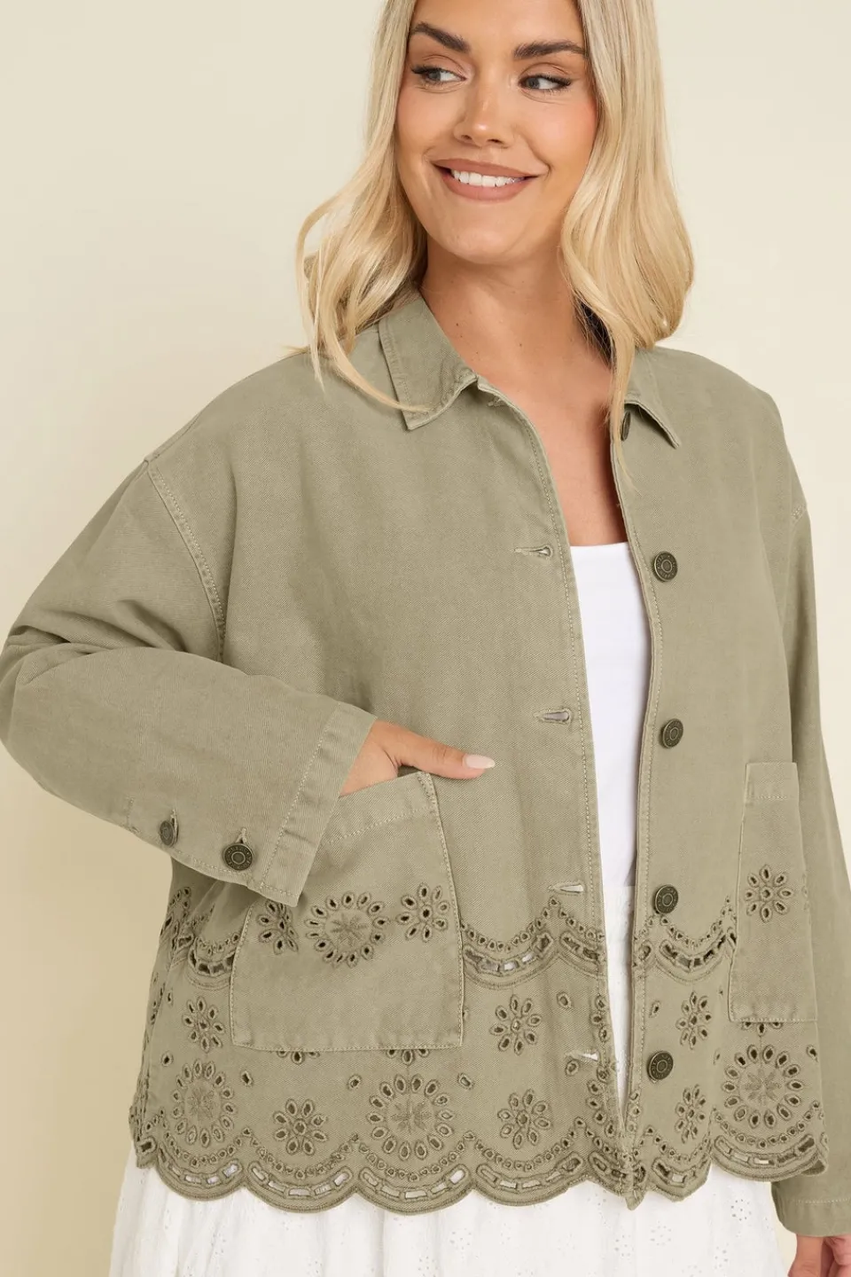 Coats & Jackets>YOURS Curve Khaki Green Broderie Anglaise Twill Shacket