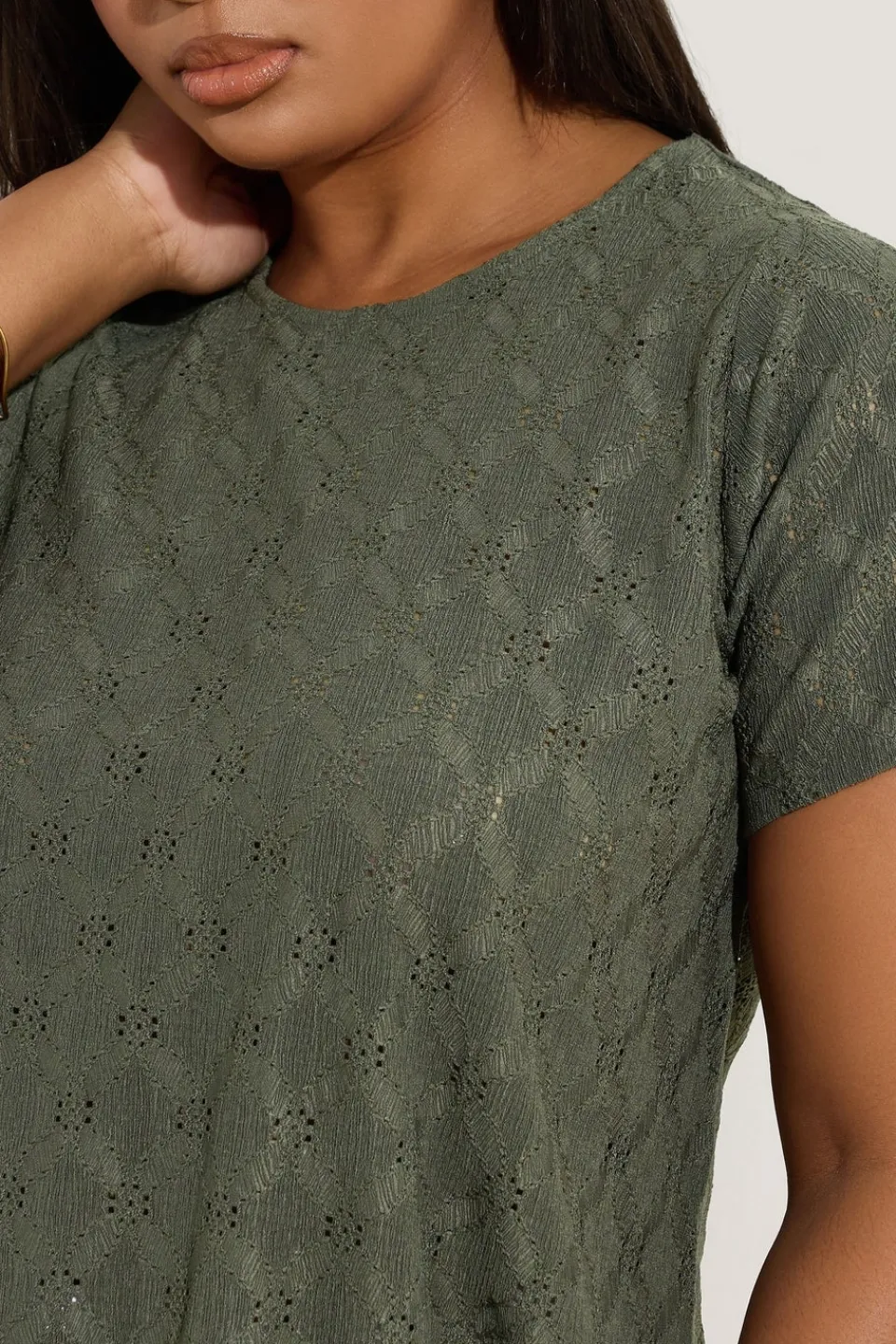 T-Shirts>YOURS Curve Khaki Green Broderie Anglaise Textured Swing Top
