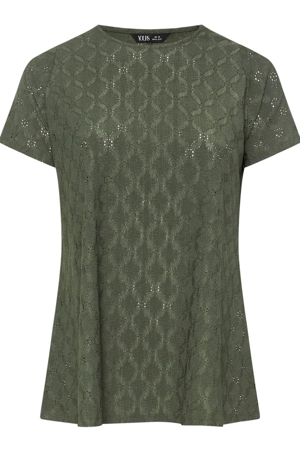 T-Shirts>YOURS Curve Khaki Green Broderie Anglaise Textured Swing Top