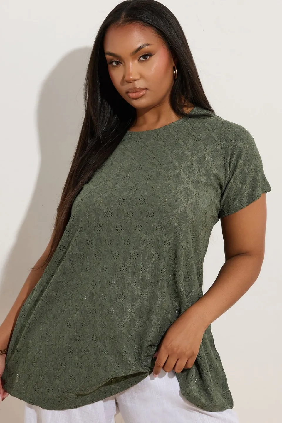 T-Shirts>YOURS Curve Khaki Green Broderie Anglaise Textured Swing Top