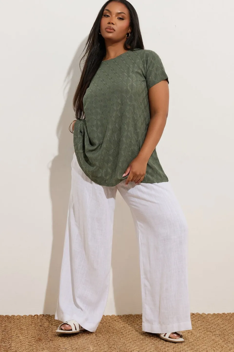 T-Shirts>YOURS Curve Khaki Green Broderie Anglaise Textured Swing Top