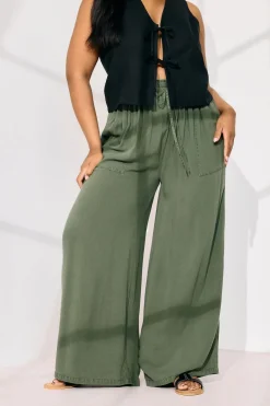 Trousers>YOURS Curve Khaki Green Chambray Tie Front Wide Leg Trousers