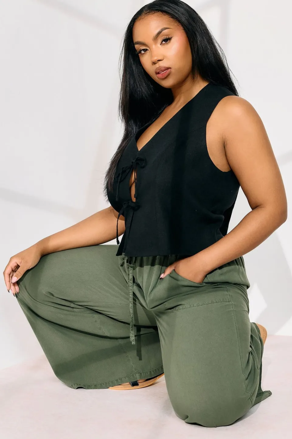 Trousers>YOURS Curve Khaki Green Chambray Tie Front Wide Leg Trousers