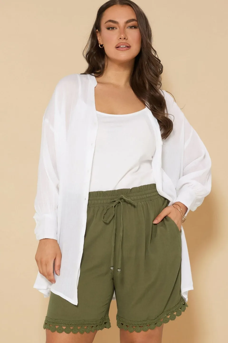Shorts>YOURS Curve Khaki Green Crochet Trim Crinkle Shorts
