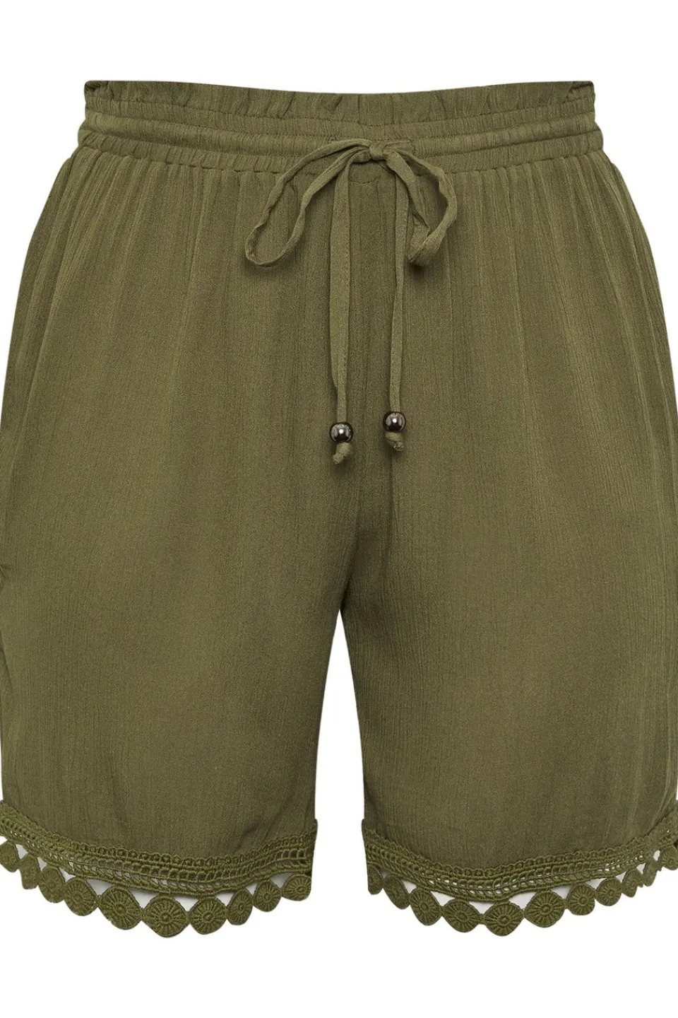 Shorts>YOURS Curve Khaki Green Crochet Trim Crinkle Shorts