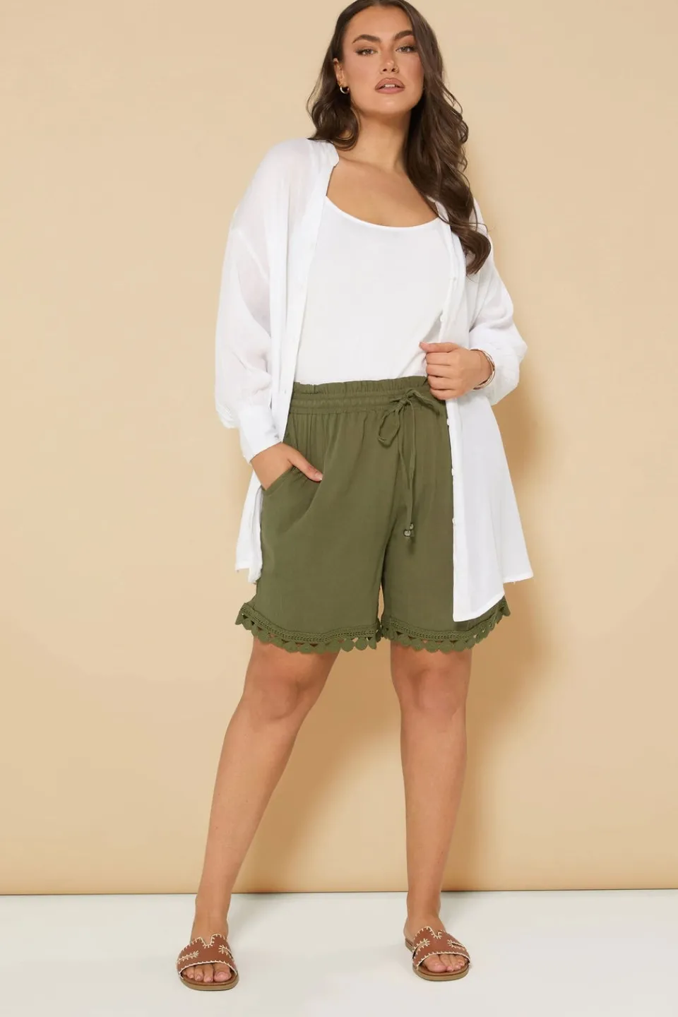 Shorts>YOURS Curve Khaki Green Crochet Trim Crinkle Shorts