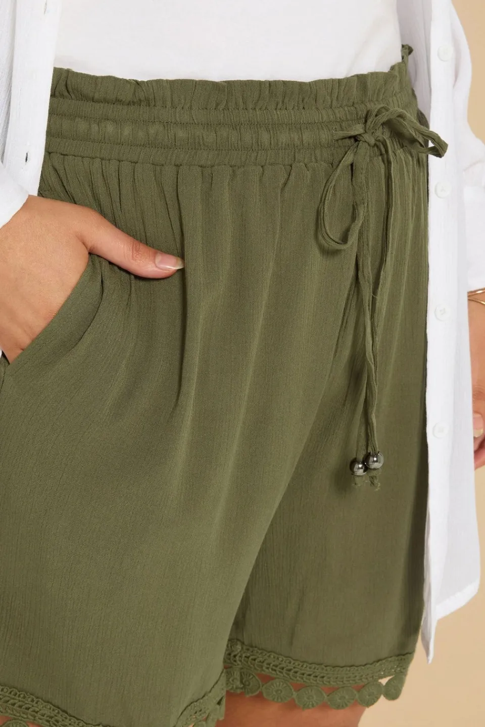 Shorts>YOURS Curve Khaki Green Crochet Trim Crinkle Shorts
