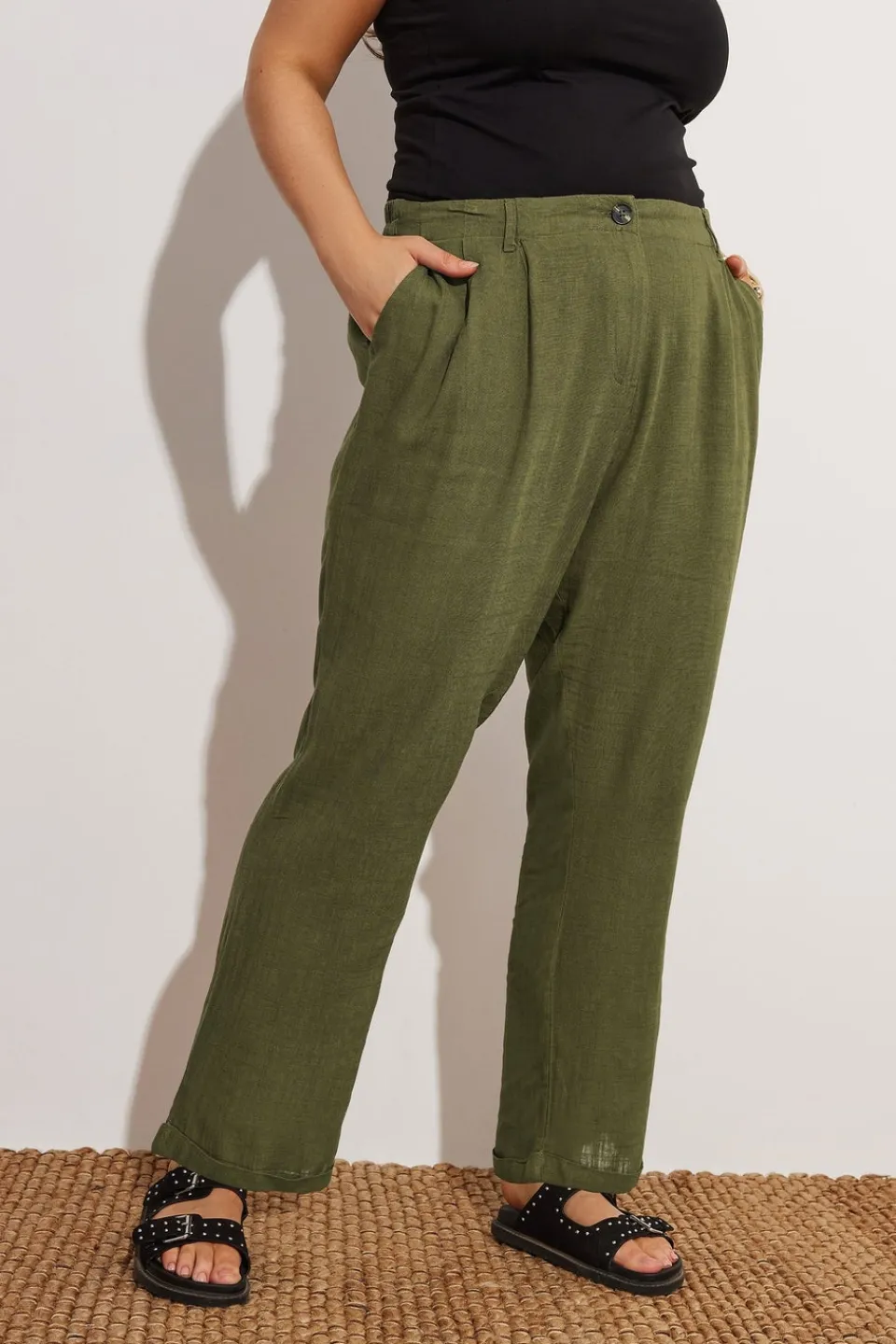 Trousers>YOURS Curve Khaki Green Formal Linen Trousers KhakiGreen
