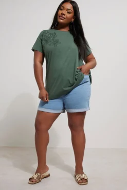 T-Shirts>YOURS Curve Khaki Green Floral Embroidered Stud Detail T-Shirt