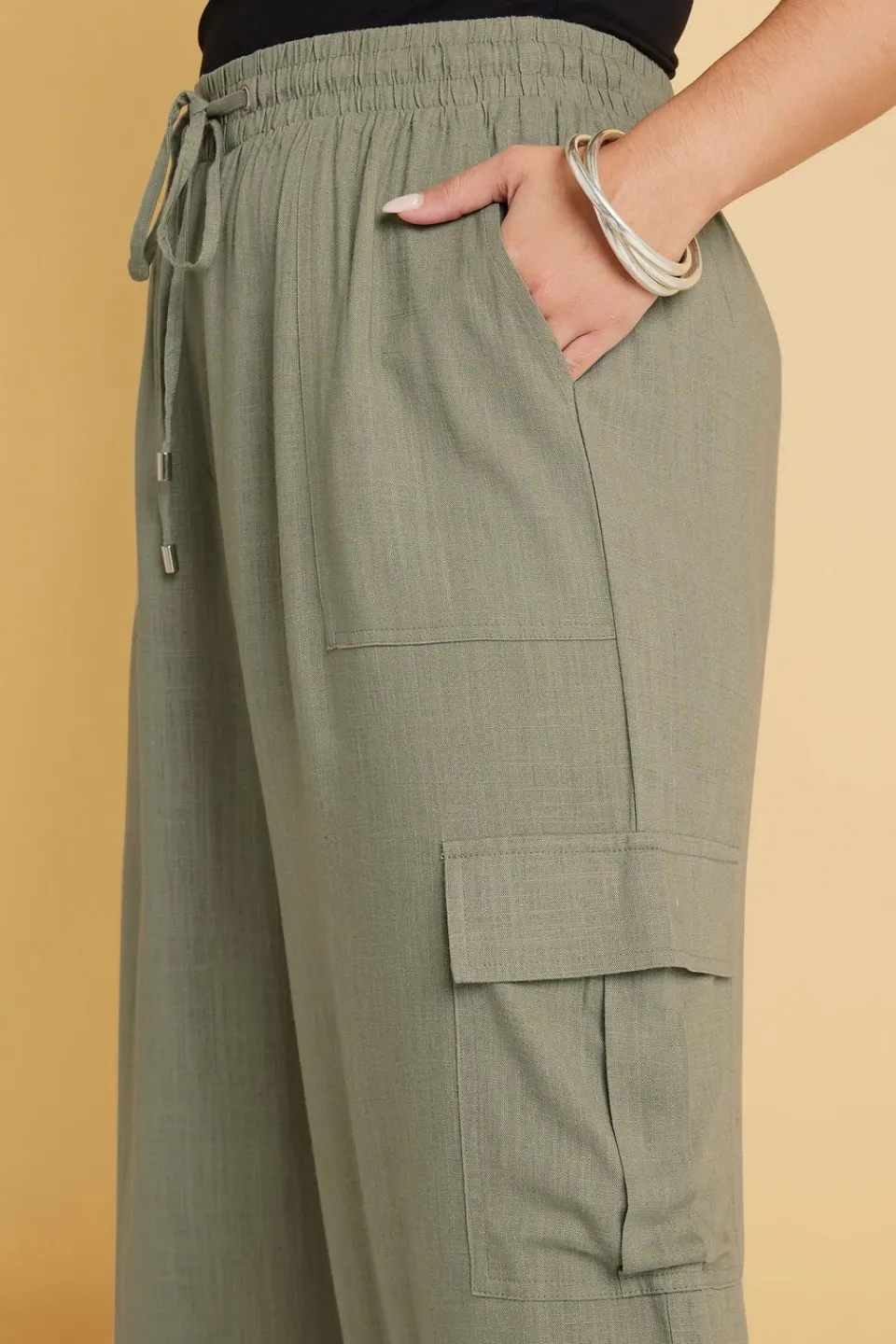 Trousers>YOURS Curve Khaki Green Linen Cargo Trousers KhakiGreen