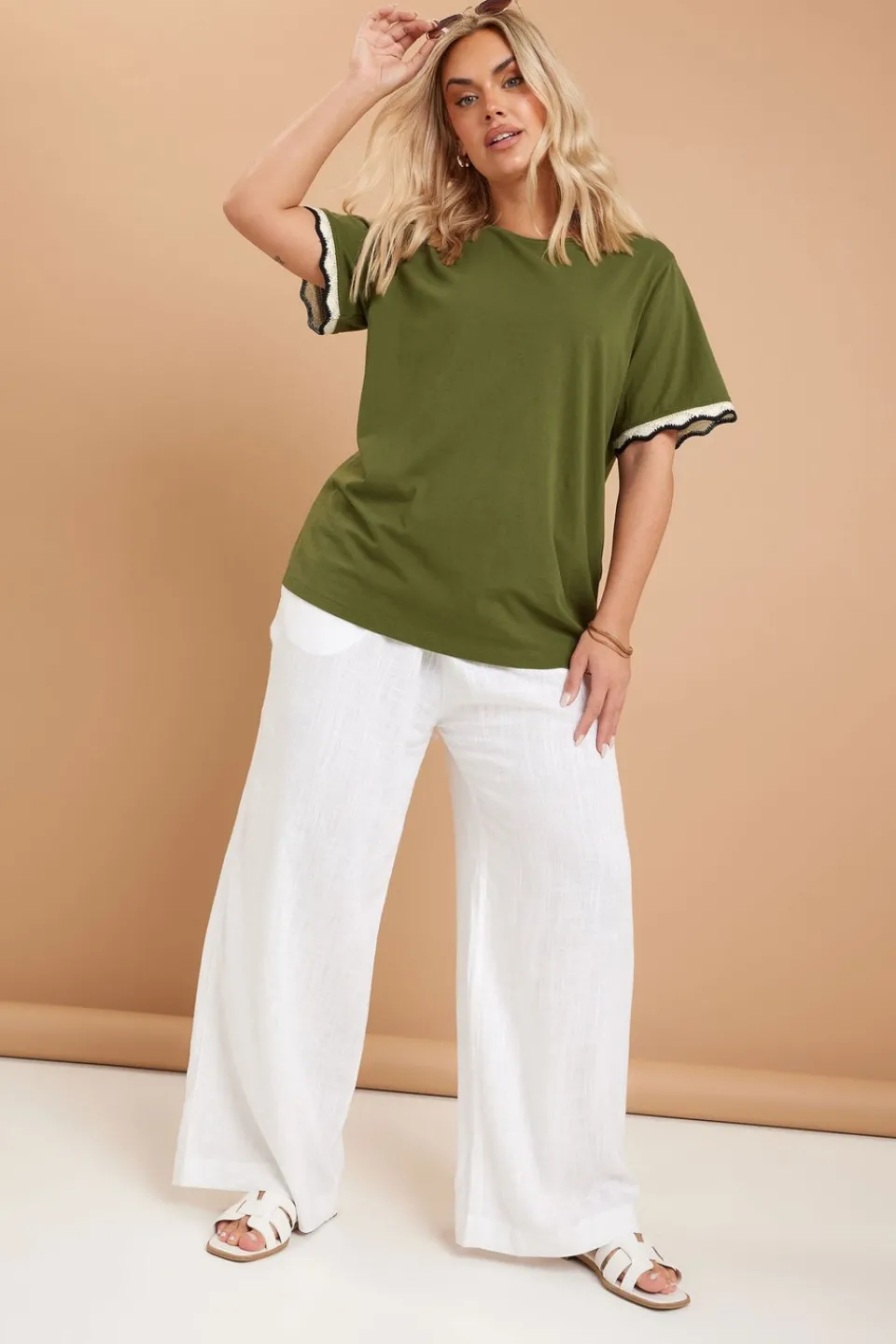 T-Shirts>YOURS Curve Khaki Green Metallic Crochet Trim T-Shirt