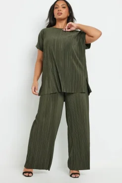 Trousers>YOURS Curve Khaki Green Plisse Wide Leg Trousers