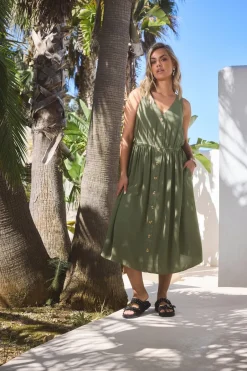Dresses>YOURS Curve Khaki Sleeveless Button Through Chambray Dress Green