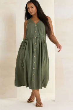 Dresses>YOURS Curve Khaki Sleeveless Button Through Chambray Dress Green