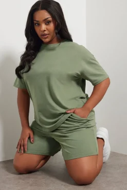 Tops>YOURS Curve Khaki Green Sweat Jersey T-Shirt & Shorts Set