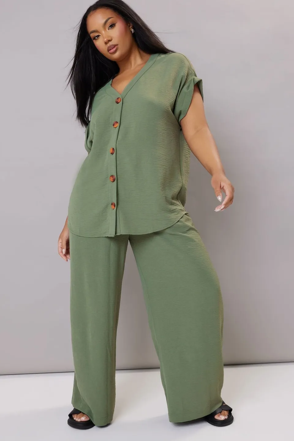 Trousers>YOURS Curve Khaki Green Twill Wide Leg Trousers