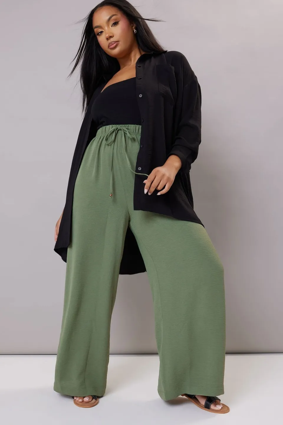 Trousers>YOURS Curve Khaki Green Twill Wide Leg Trousers