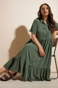 Dresses>YOURS Curve Khaki Green Tiered Maxi Chambray Shirt Dress KhakiGreen