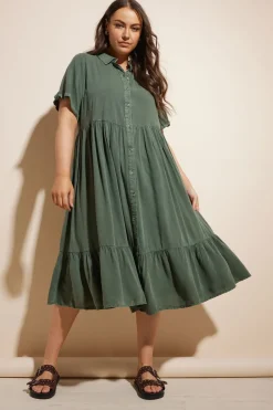 Dresses>YOURS Curve Khaki Green Tiered Maxi Chambray Shirt Dress KhakiGreen