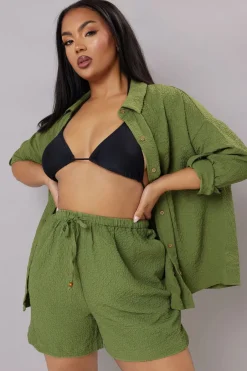 Shorts>YOURS Curve Khaki Green Textured Pull On Shorts KhakiGreen