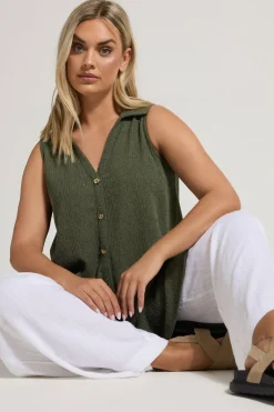 Tops>YOURS Curve Khaki Green Textured Sleeveless Shirt