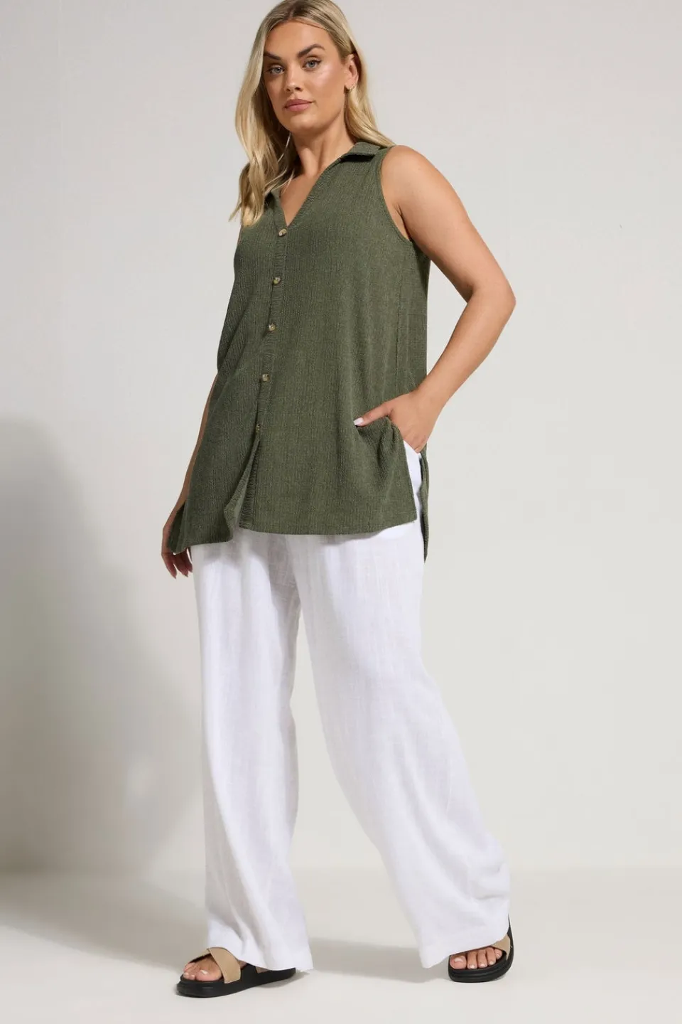 Tops>YOURS Curve Khaki Green Textured Sleeveless Shirt