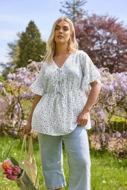 Tops>YOURS Curve Light Blue Ditsy Floral Tie Front Peplum Top