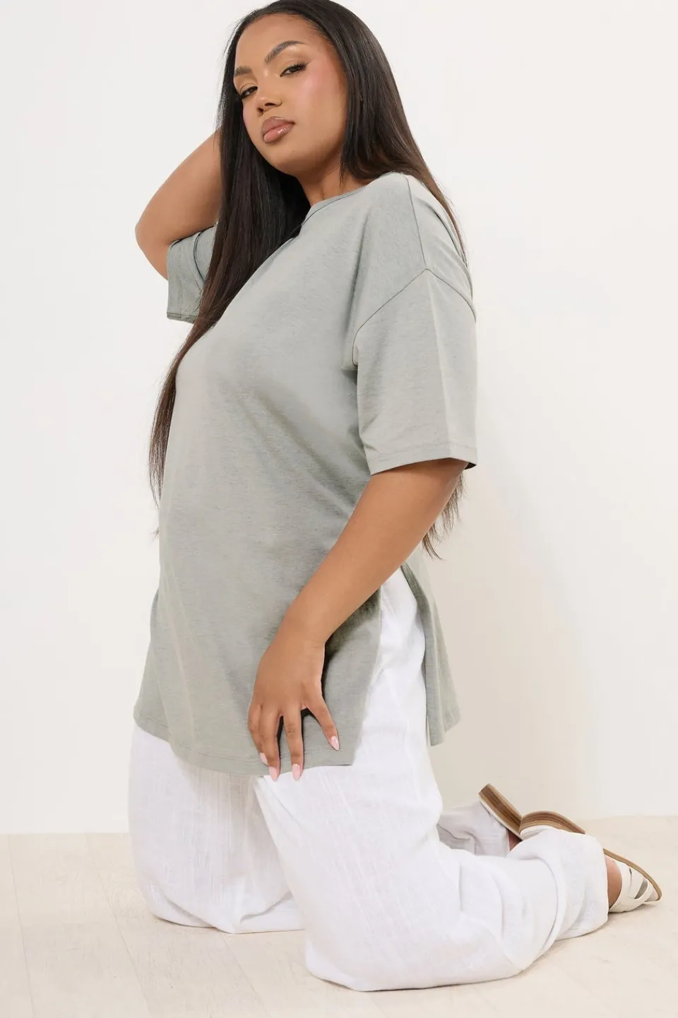 T-Shirts>YOURS Curve Light Grey Oversized Side Split T-Shirt
