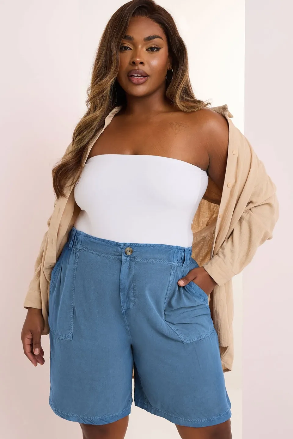 Shorts>YOURS Curve Mid Blue Chambray Pull On Shorts