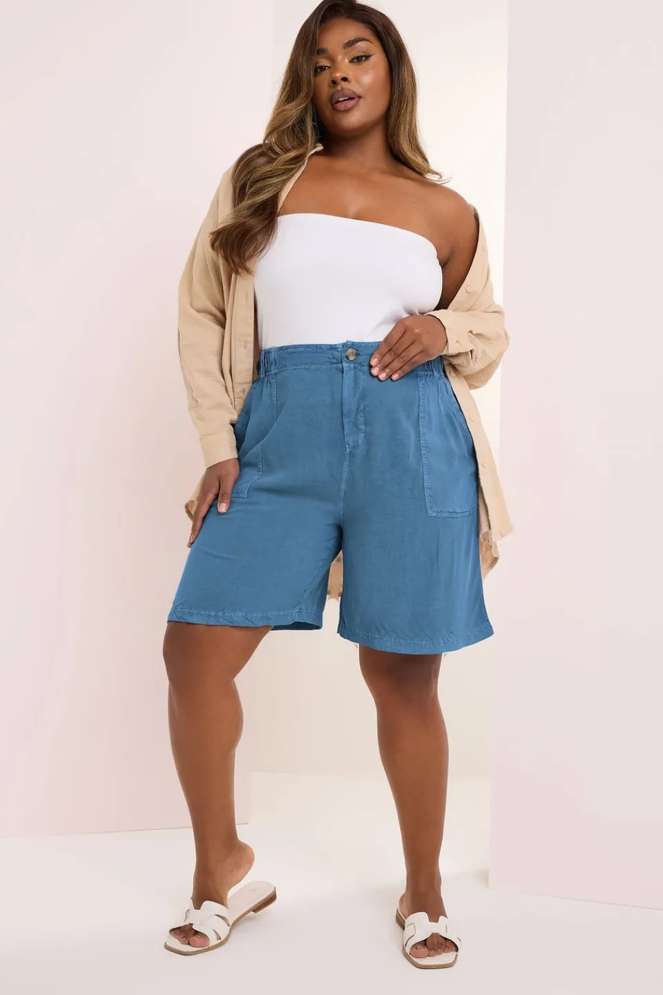 Shorts>YOURS Curve Mid Blue Chambray Pull On Shorts