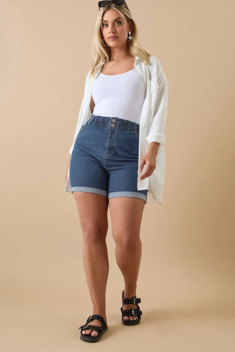 Shorts>YOURS Curve Mid Blue Elasticated Waist Turn Up Denim Shorts