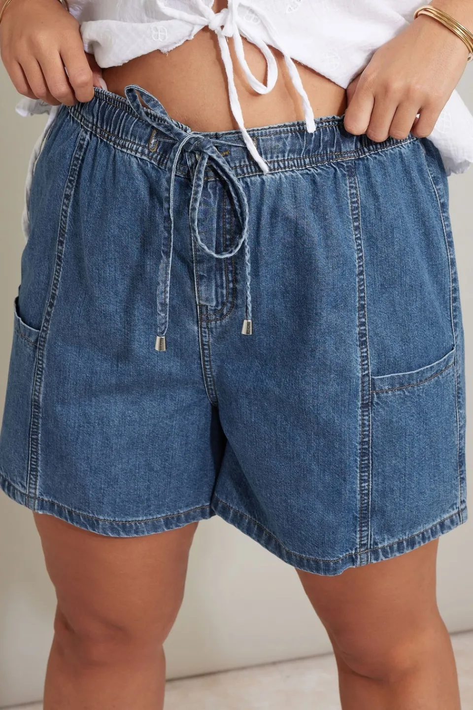 Shorts>YOURS Curve Mid Blue Tie Waist Denim Shorts