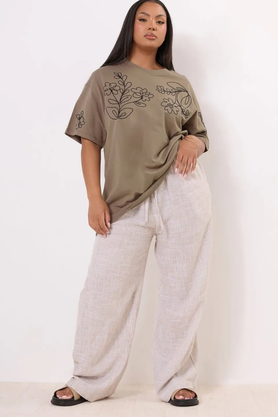 T-Shirts>YOURS Curve Mocha Brown Floral Embroidered Oversized T-Shirt
