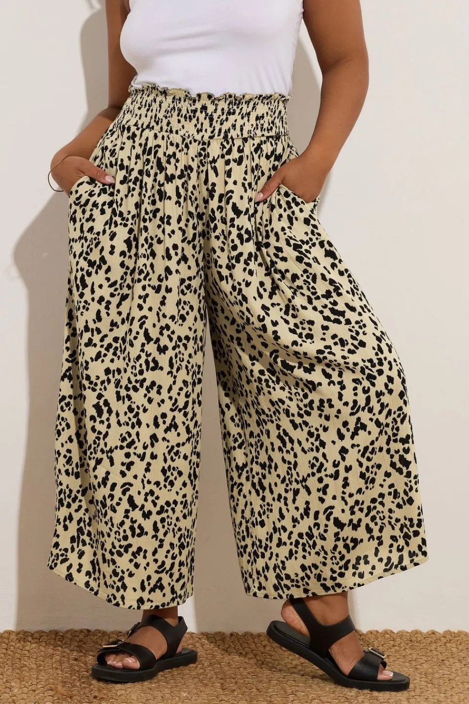 Trousers>YOURS Curve Natural Brown Leopard Print Shirred Midaxi Culottes