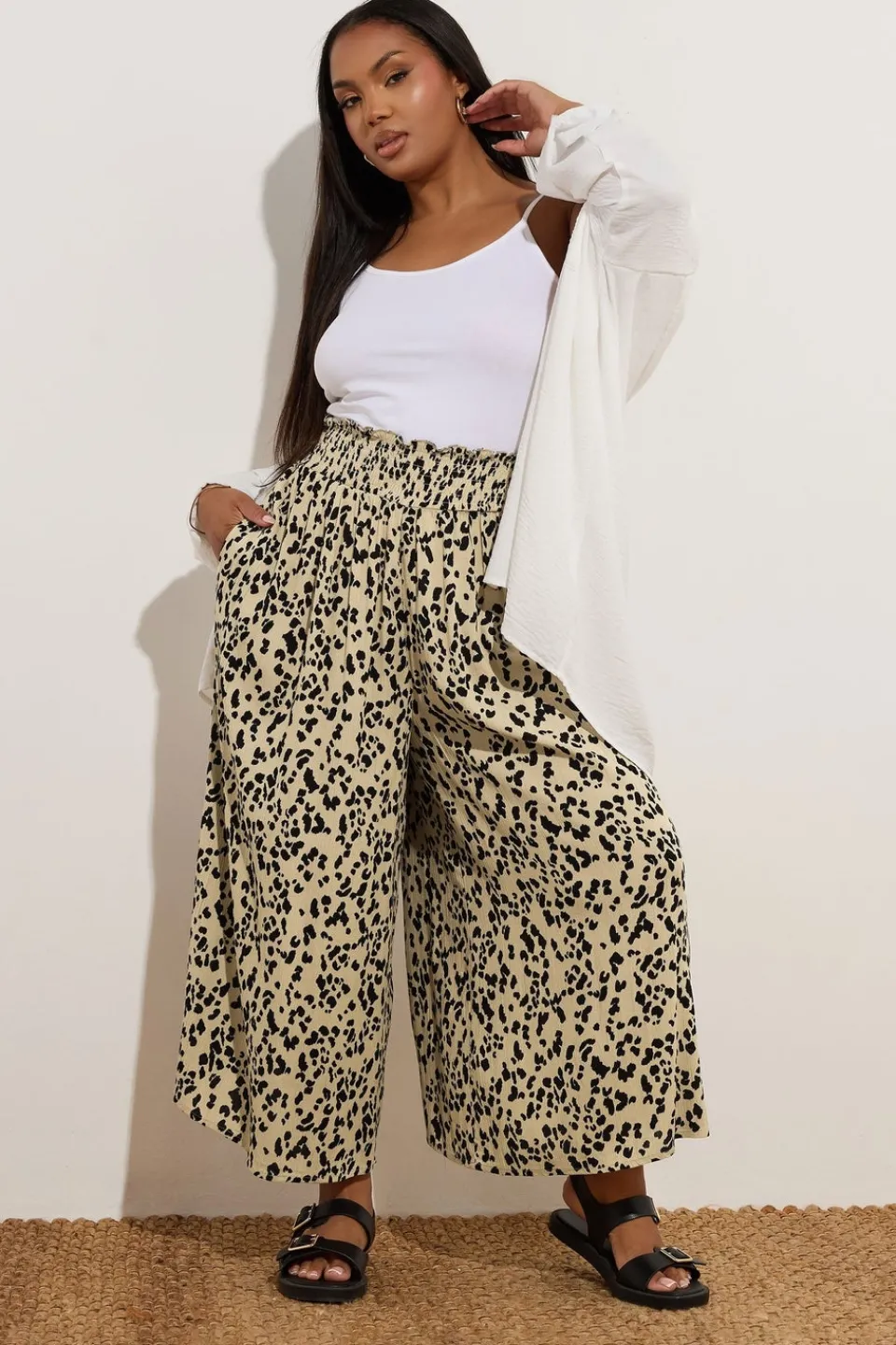 Trousers>YOURS Curve Natural Brown Leopard Print Shirred Midaxi Culottes