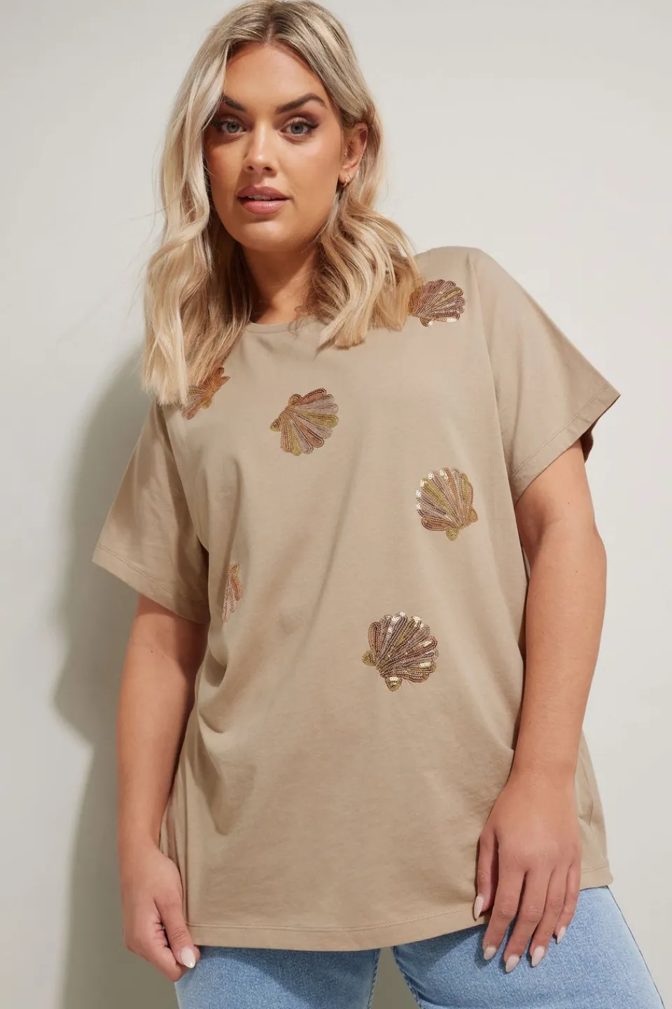 T-Shirts>YOURS Curve Natural Brown Sequin Embellished Shell T-Shirt