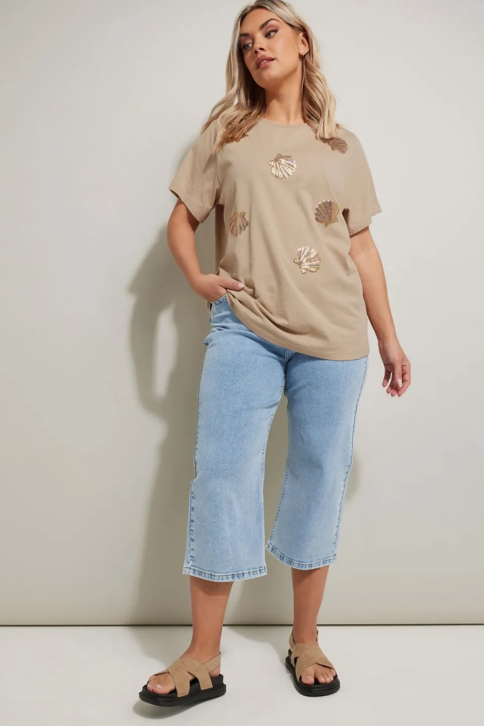 T-Shirts>YOURS Curve Natural Brown Sequin Embellished Shell T-Shirt